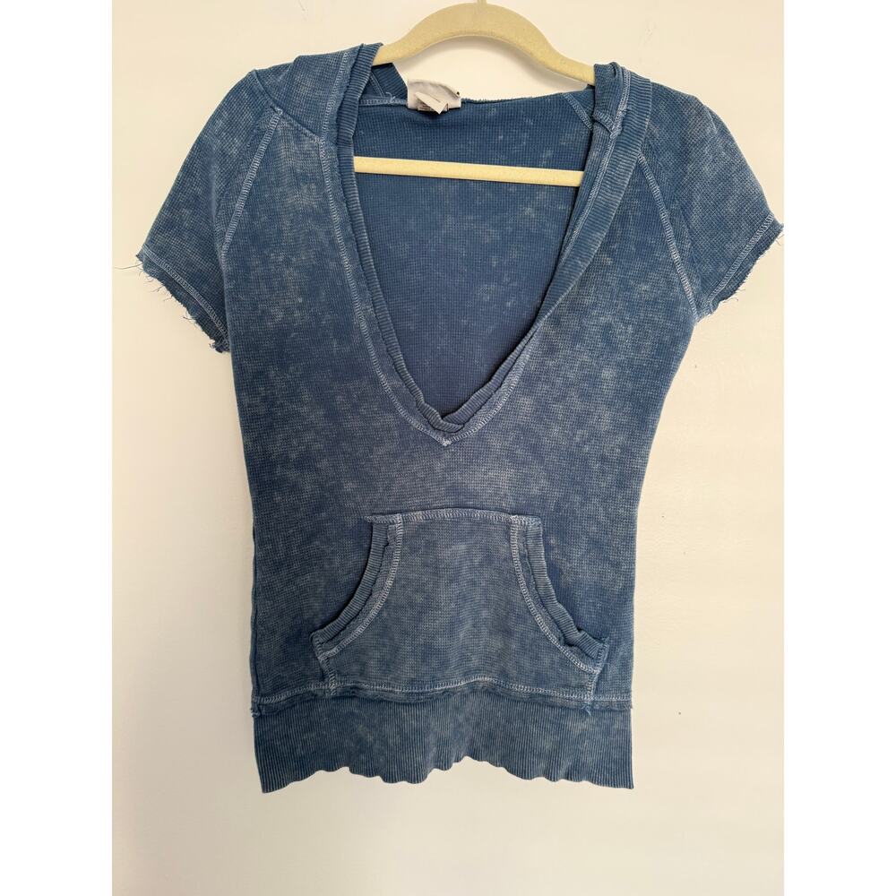 Vintage Y2K 2000 Women Medium Pullover Deep V Neck‎ Hoodie Kangaroo Pockets Blue